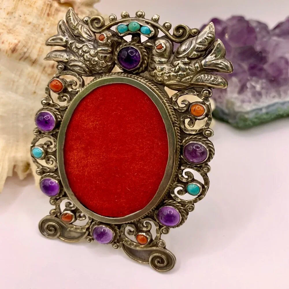 Vintage Mexican Sterling Silver Jeweled Picture Frame Taxco Matl Style J861